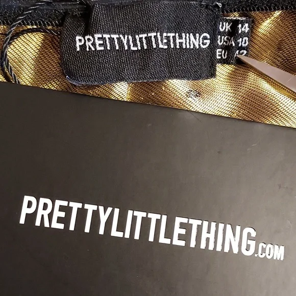 NWT Pretty Little Thing Black & Gold Floral Jacquard Strapless Mini Dress 10 - Picture 10 of 12